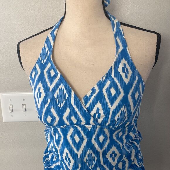 LANDS’ END White Blue Halter Tankini Swimwear Size 6 - Picture 3 of 12